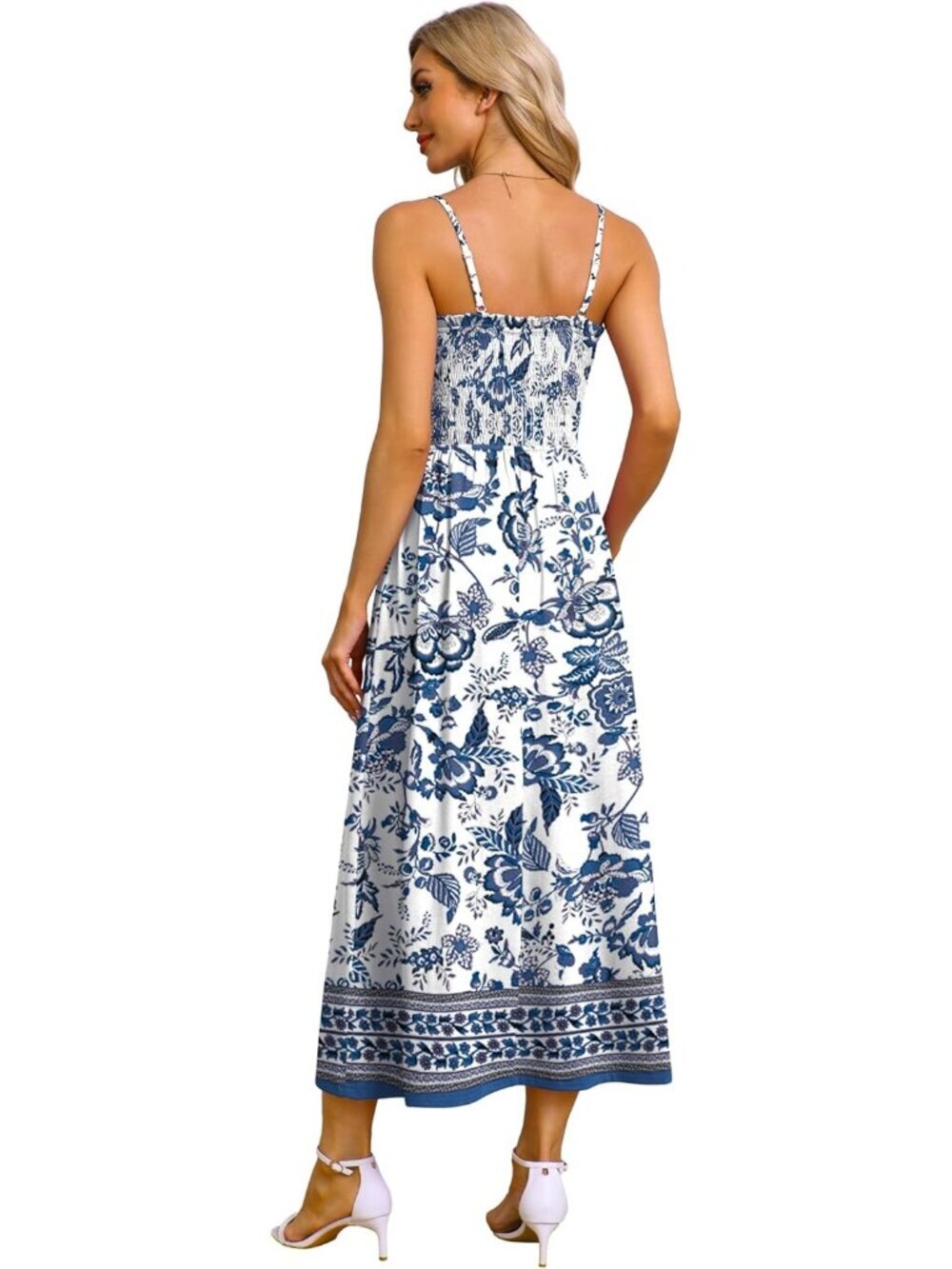 Women's Blue Floral Spaghetti Strap Smocked Casual Boho Beach Long Maxi Dresses - Picture 5 of 5